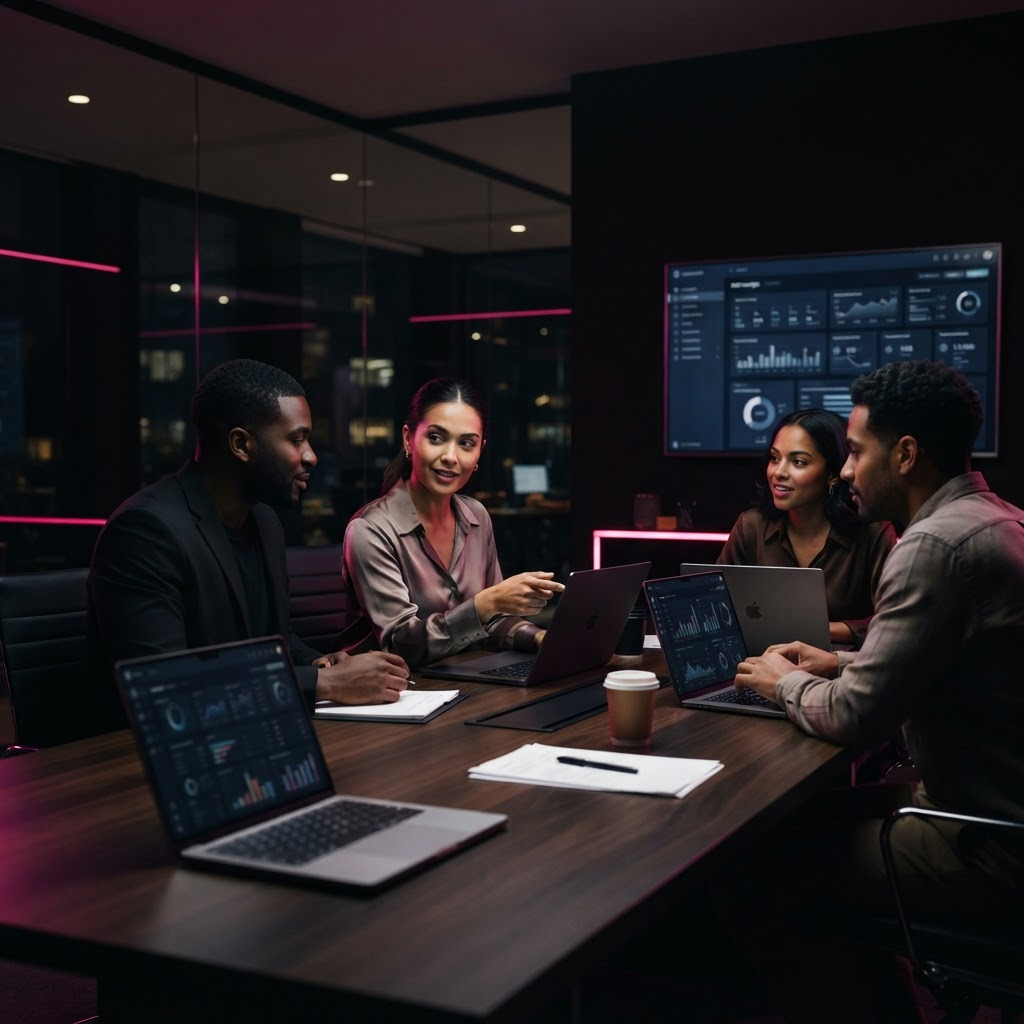 Equipe da KANOBR analisando estratégias de marketing digital