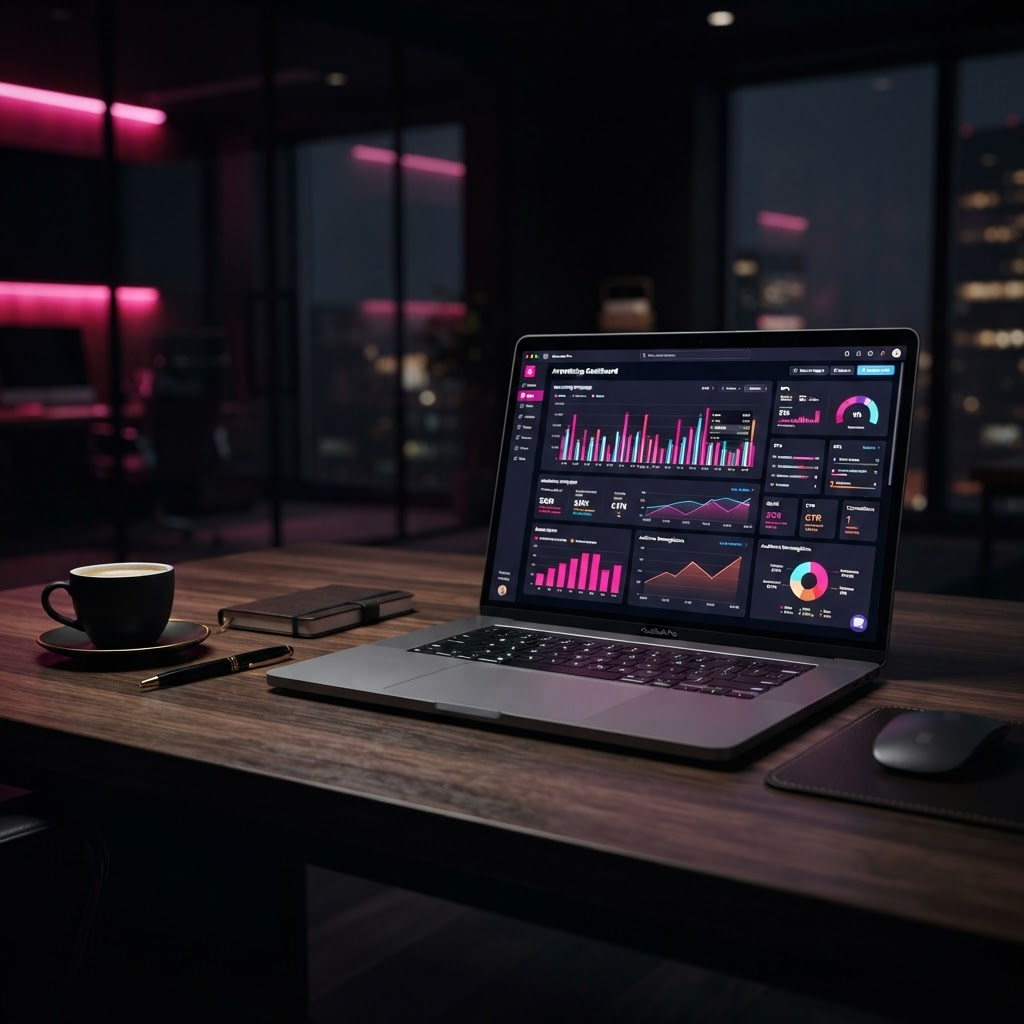 Laptop exibindo dashboards de campanhas de Meta Ads e Google Ads